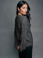 Grey Charcoal Embellished Sparkle V-Neck Cable Knitted Jumper With Wool - Image 3 of 8