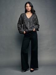 Grey Charcoal Embellished Sparkle V-Neck Cable Knitted Jumper With Wool - Image 4 of 8