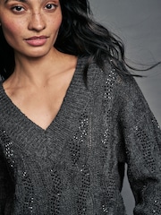 Grey Charcoal Embellished Sparkle V-Neck Cable Knitted Jumper With Wool - Image 5 of 8