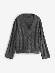 Grey Charcoal Embellished Sparkle V-Neck Cable Knitted Jumper With Wool - Image 6 of 8