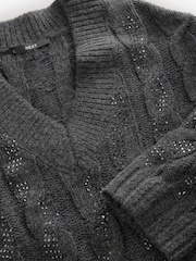 Grey Charcoal Embellished Sparkle V-Neck Cable Knitted Jumper With Wool - Image 8 of 8