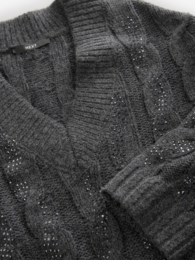 Grey Charcoal Embellished Sparkle V-Neck Cable Knitted Jumper With Wool - Image 8 of 8