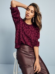 Red Burgundy Animal Leopard Soft Touch Pattern Knitted Cosy Crew Neck Jumper - Image 2 of 7