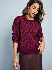 Red Burgundy Animal Leopard Soft Touch Pattern Knitted Cosy Crew Neck Jumper - Image 3 of 7