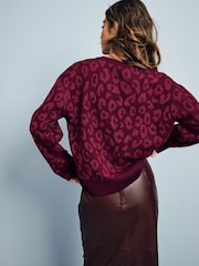 Red Burgundy Animal Leopard Soft Touch Pattern Knitted Cosy Crew Neck Jumper - Image 4 of 7