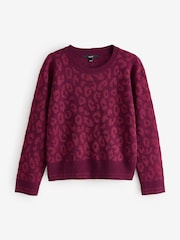Red Burgundy Animal Leopard Soft Touch Pattern Knitted Cosy Crew Neck Jumper - Image 5 of 7
