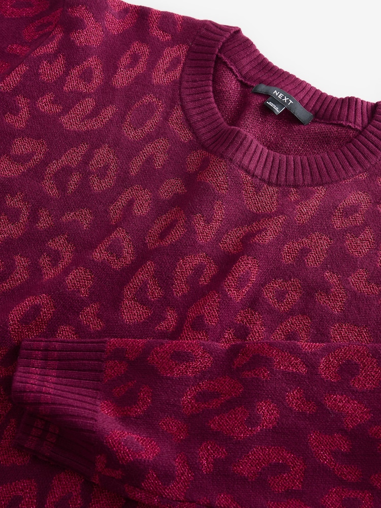 Rouge Bourgogne Animal Léopard - Motif doux au toucher Tricoté Col rond Pull - Image 6 of 7