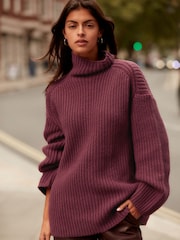 Red Burgundy Roll High Neck Ribbed Longline Knitted Jumper with Wool - Image 1 of 7
