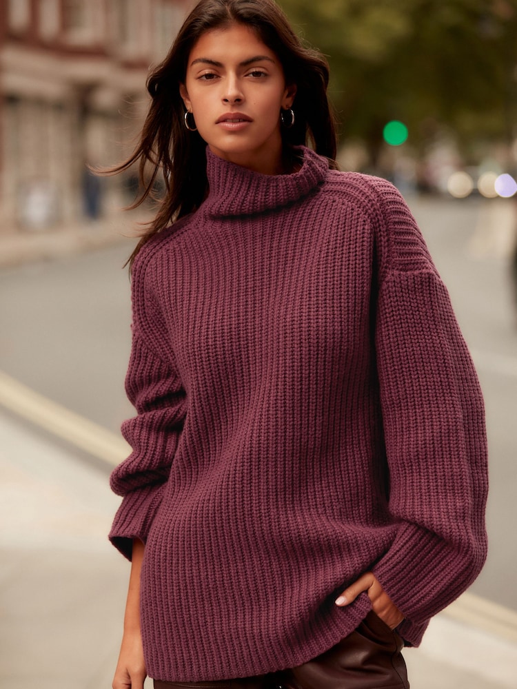 Red Burgundy Roll High Neck Ribbed Longline Knitted Jumper with Wool - Image 1 of 7