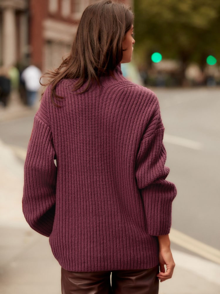 Red Burgundy Roll High Neck Ribbed Longline Knitted Jumper with Wool - Image 2 of 7