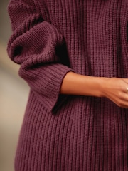 Red Burgundy Roll High Neck Ribbed Longline Knitted Jumper with Wool - Image 3 of 7