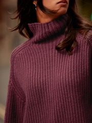 Red Burgundy Roll High Neck Ribbed Longline Knitted Jumper with Wool - Image 4 of 7