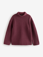 Red Burgundy Roll High Neck Ribbed Longline Knitted Jumper with Wool - Image 5 of 7