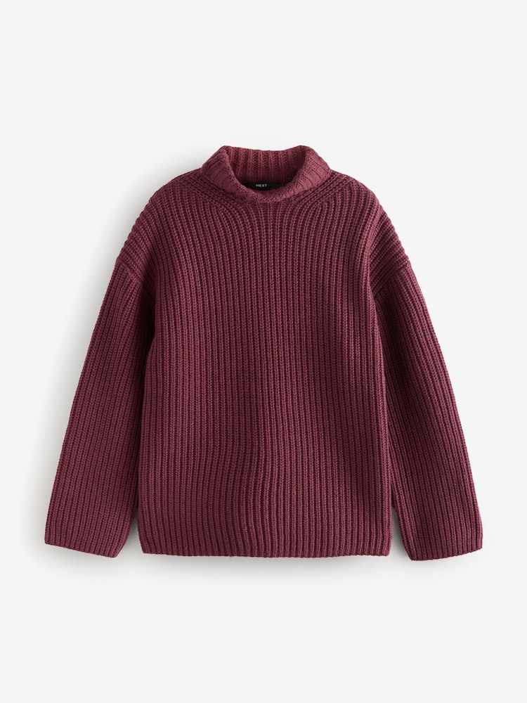 Red Burgundy Roll High Neck Ribbed Longline Knitted Jumper with Wool - Image 5 of 7