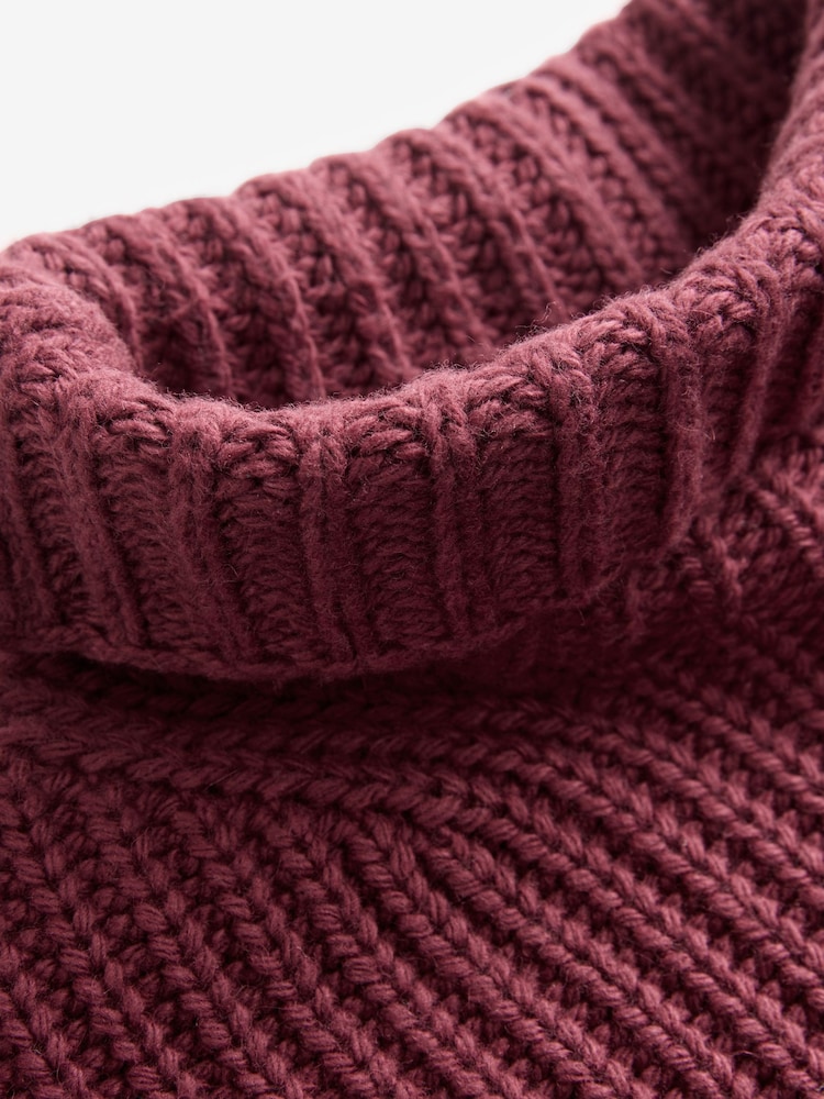 Red Burgundy Roll High Neck Ribbed Longline Knitted Jumper with Wool - Image 7 of 7