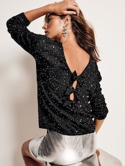 Black Sequin Embellished Sparkle Bow Back Knitted Jumper - Image 1 of 8