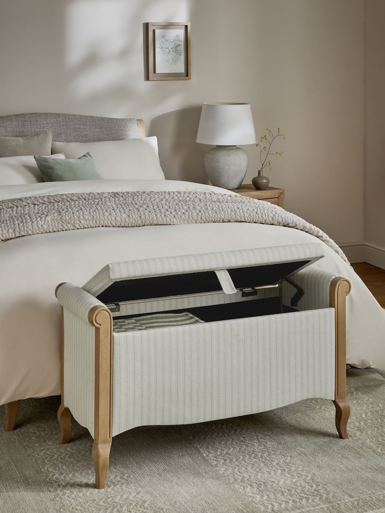 Contemporary Tweed Natural Stripe Josie Upholstered Storage Ottoman Blanket Box - Image 2 of 9