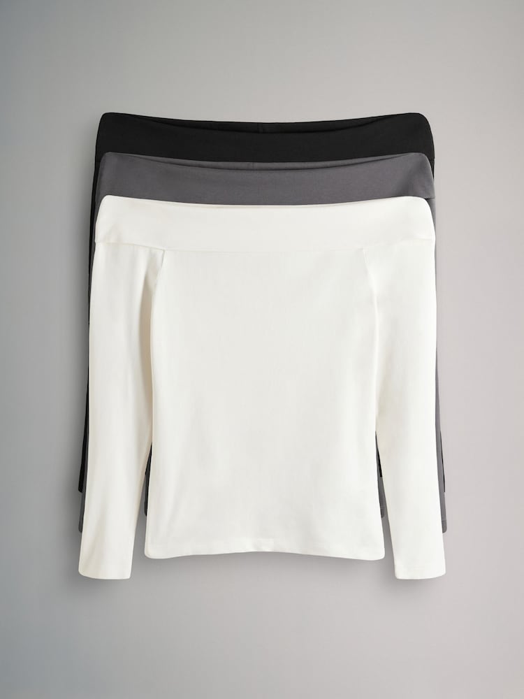 The Set Black/Cream/Graphite Grey 3 Pack Bardot Long Sleeve Tops - Image 2 of 12