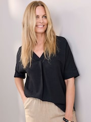 Cotton Traders Black Viscose Linen Blend Top - Image 1 of 4