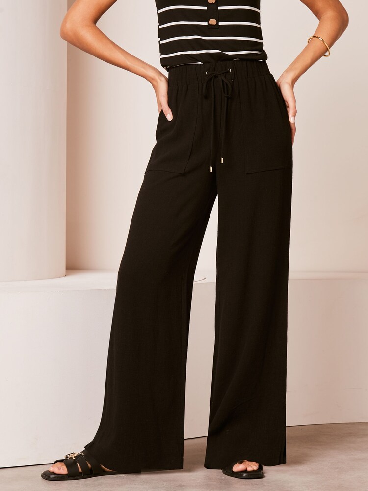 Lipsy Black 2 Petite Wide Leg Trousers With A Touch Of Linen - Image 1 of 1 Lipsy Black 2 Petite Wide Leg Trousers With A Touch Of Linen - Image 1 of 1