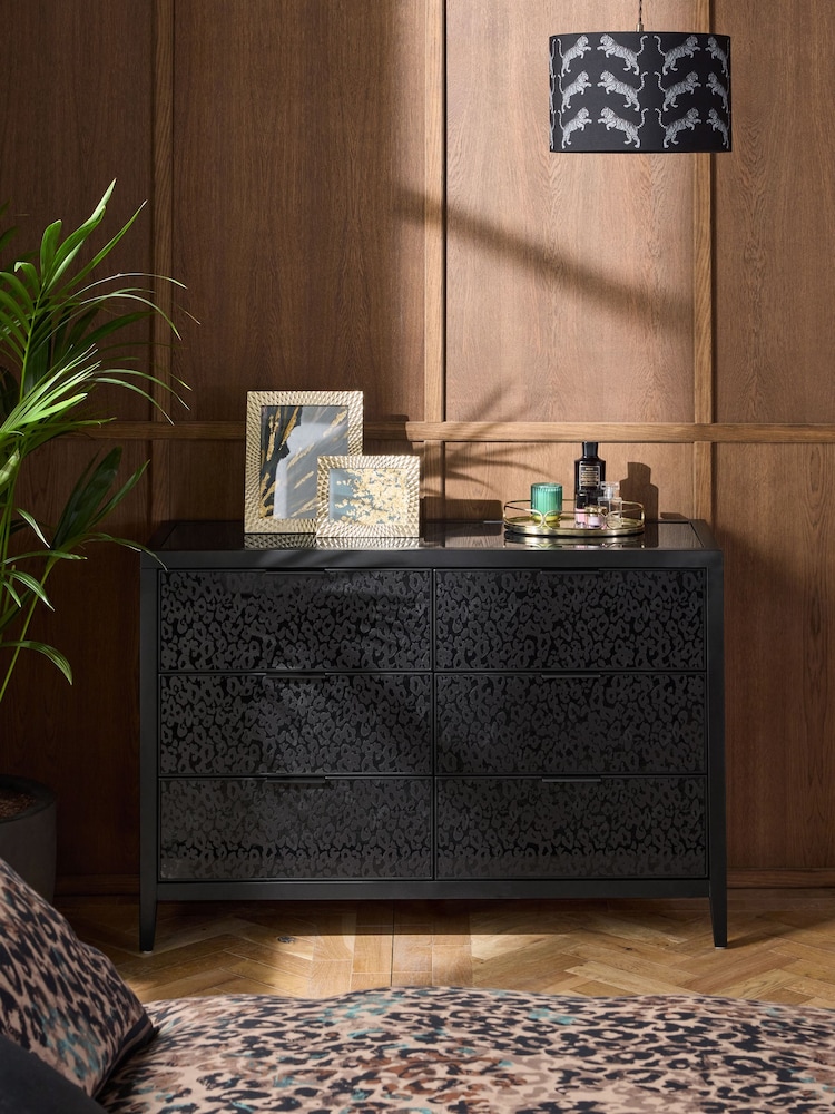 Black Cora Leopard Print Glass 6 Drawer Chest of Drawers - Image 1 of 1