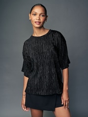 Black Plisse Velvet T-Shirt - Image 1 of 7