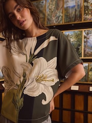 Green Lily Print Kew Collection Short Sleeve Top - Image 1 of 8
