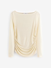 Champagne Gold Slash Neck Embellished Sparkle Long Sleeve Top - Image 6 of 8