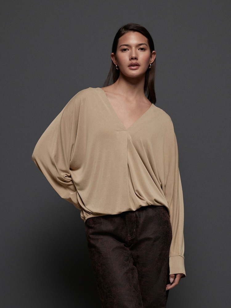 Stone Long Sleeve V-Neck Bubblehem Blouse - Image 1 of 7
