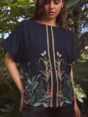 Navy Border Print Kew Collection Short Sleeve Top - Image 4 of 7