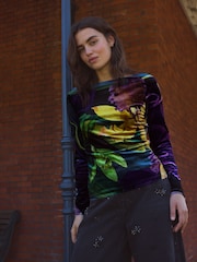 Green/Purple Floral Print Kew Collection Velvet Long Sleeve Top - Image 2 of 7