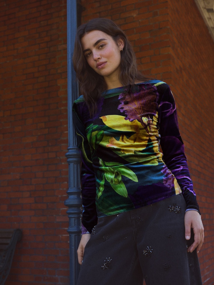Green/Purple Floral Print Kew Collection Velvet Long Sleeve Top - Image 2 of 7