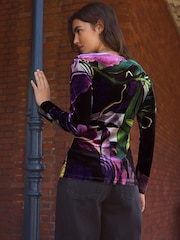 Green/Purple Floral Print Kew Collection Velvet Long Sleeve Top - Image 3 of 7
