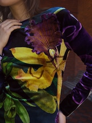 Green/Purple Floral Print Kew Collection Velvet Long Sleeve Top - Image 4 of 7