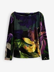 Green/Purple Floral Print Kew Collection Velvet Long Sleeve Top - Image 5 of 7