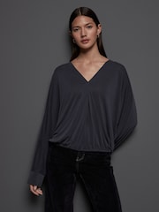 Grey Charcoal Long Sleeve V-Neck Bubblehem Blouse - Image 1 of 8