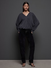 Grey Charcoal Long Sleeve V-Neck Bubblehem Blouse - Image 2 of 8