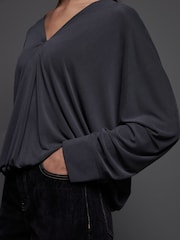 Grey Charcoal Long Sleeve V-Neck Bubblehem Blouse - Image 4 of 8