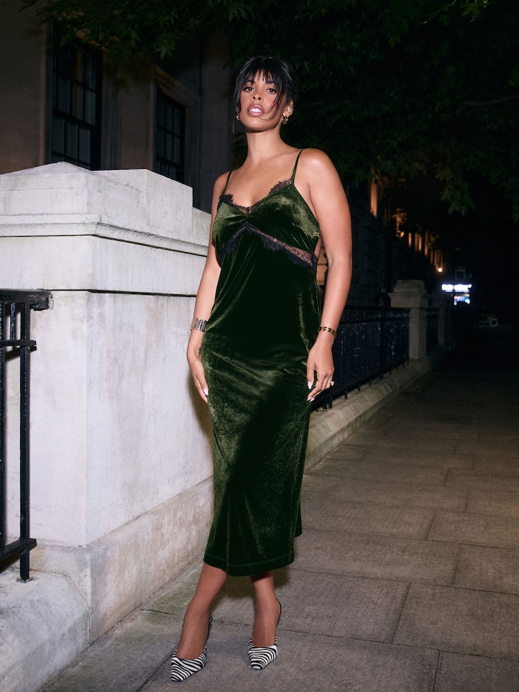 Olive Green Rochelle Velvet Lace Trim Cami Midi Dress - Image 1 of 8