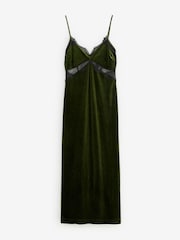 Olive Green Rochelle Velvet Lace Trim Cami Midi Dress - Image 6 of 8