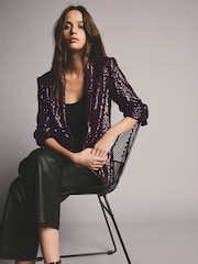 Burgundy Red Sequin Ruched Sleeve Blazer - Image 1 of 4