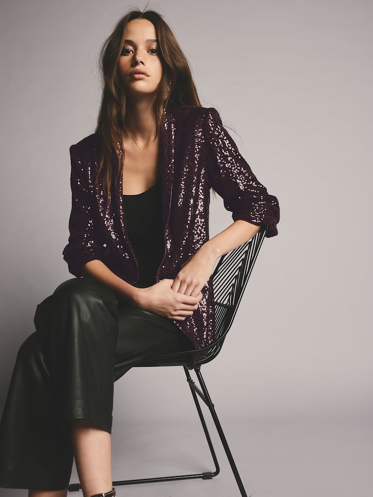Burgundy Red Sequin Ruched Sleeve Blazer - Image 1 of 4