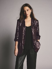 Burgundy Red Sequin Ruched Sleeve Blazer - Image 2 of 4