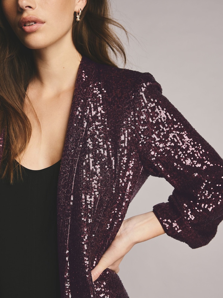 Burgundy Red Sequin Ruched Sleeve Blazer - Image 4 of 4