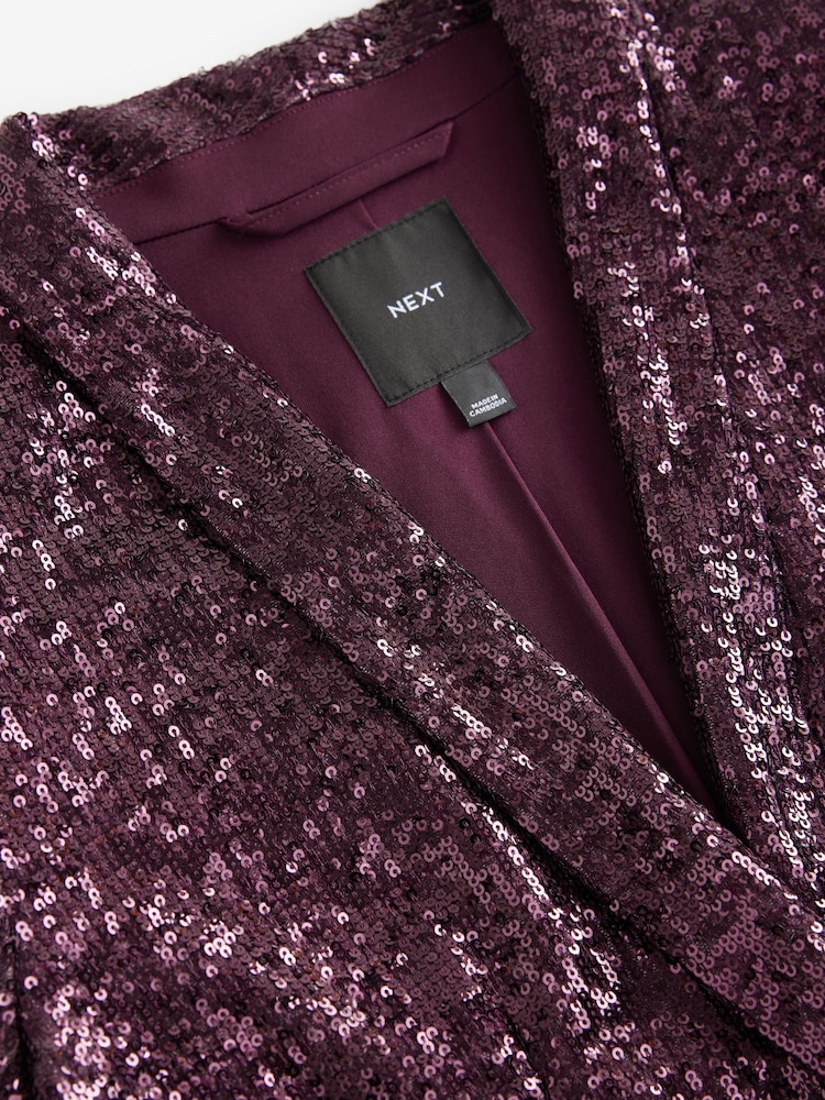 Burgundy Red Sequin Ruched Sleeve Blazer - Image 7 of 7