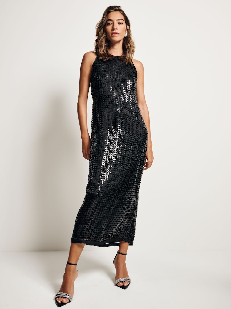 Black Sequin Racer Midi Dress - Image 1 of 8