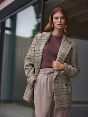 Neutral Premium Check Double Breasted Blazer With Wool - Image 1 of 9