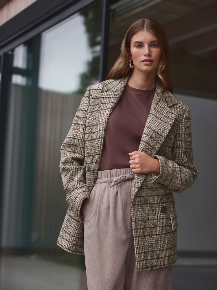 Neutral Premium Check Double Breasted Blazer With Wool - Image 1 of 9