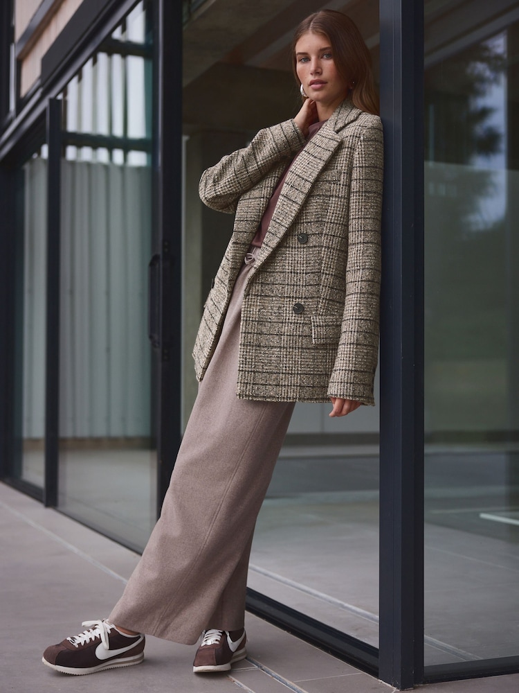 Neutral Premium Check Double Breasted Blazer With Wool - Image 2 of 9