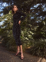 Black Long Sleeve Sequin Bow Back Midi Dress - Image 2 of 7